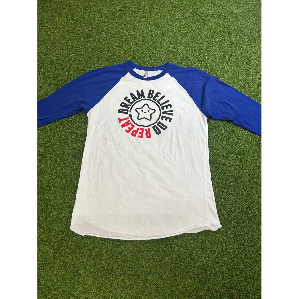American Apparel Dream Believe‎ Do Repeat Raglan Baseball Tee Blue White L